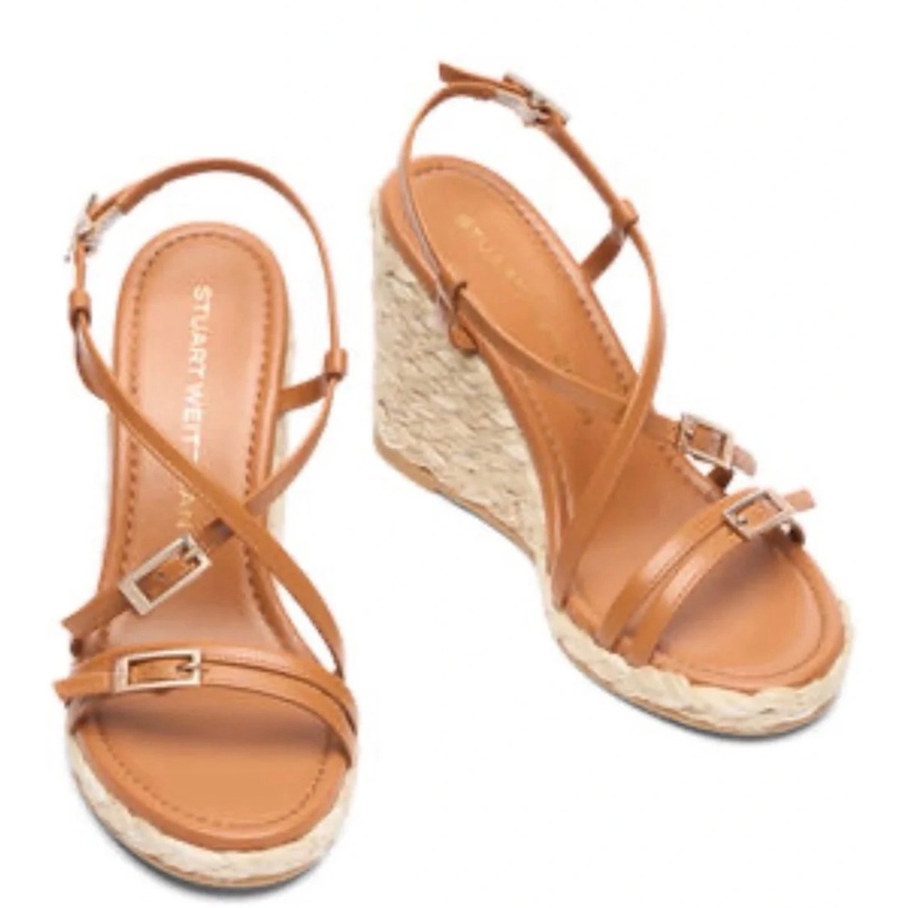 Stuart Weitzman Tan Leather Strappy Espadrille Wedge Sandals 9.5B SKB04